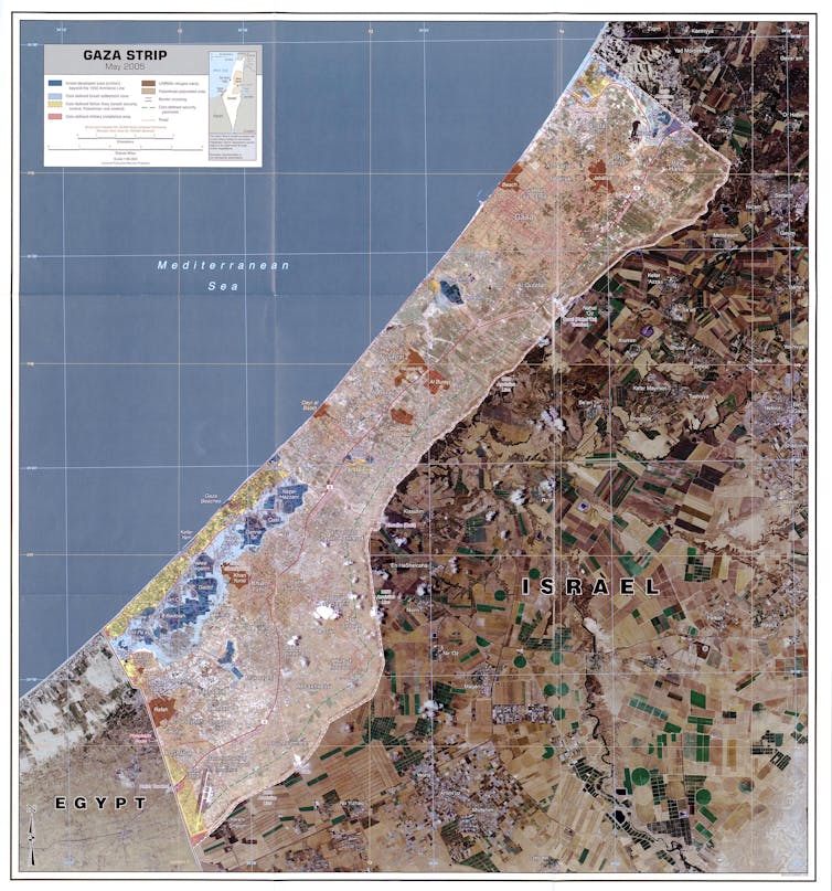 CIA map of the Gaza Strip in May 2005, a few months prior to the Israeli withdrawal. The major settlement blocs are shaded in blue.